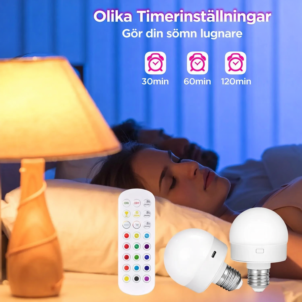 Lumora™ | Uppladdningsbar Trådlös LED-lampa med Fjärrkontroll – 15 Färger & Dimmer (E12, E14 och E26/E27)