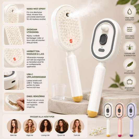SprayBrush™ | Elektrisk Sprayborste med Nano-Mist, Hårbottenmassage och Anti-Friss Teknologi för Mjukare, Glansigare Hår