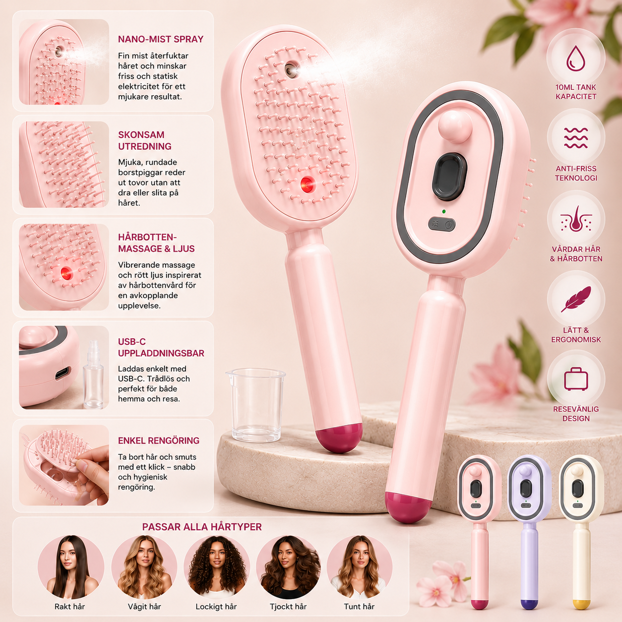 SprayBrush™ | Elektrisk Sprayborste med Nano-Mist, Hårbottenmassage och Anti-Friss Teknologi för Mjukare, Glansigare Hår